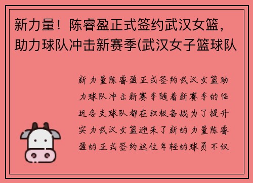 新力量！陈睿盈正式签约武汉女篮，助力球队冲击新赛季(武汉女子篮球队)