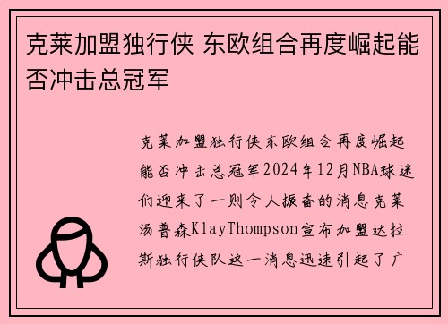 克莱加盟独行侠 东欧组合再度崛起能否冲击总冠军